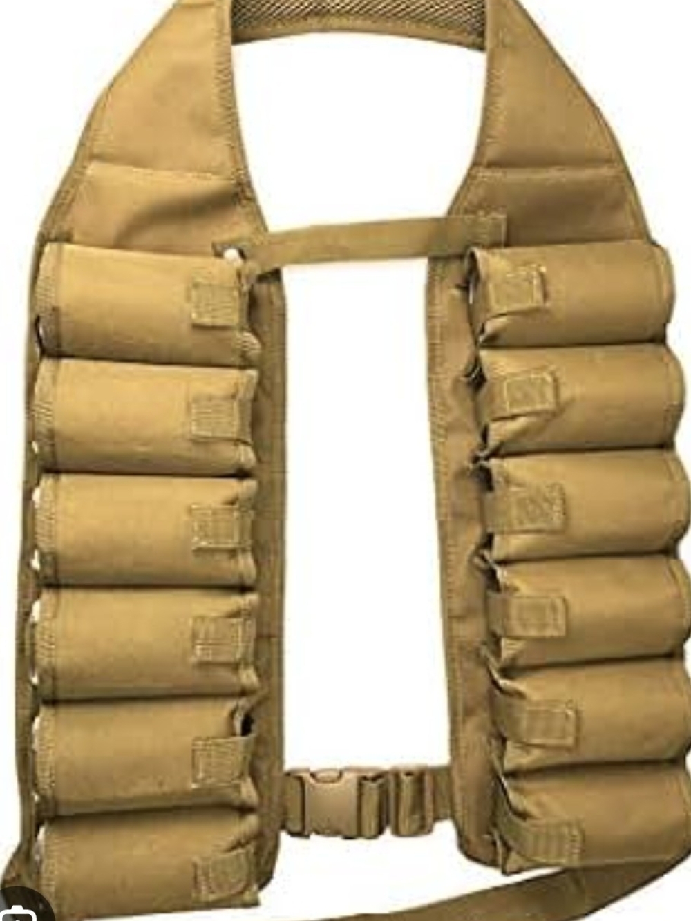 khaki tactical-style 12-can beer bandolier and drink vest designed for parties,